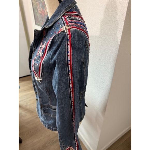 St John’s Bay Upcycled Jean Jacket Americana Festive Red White Blue SZ Medium - Picture 3 of 9